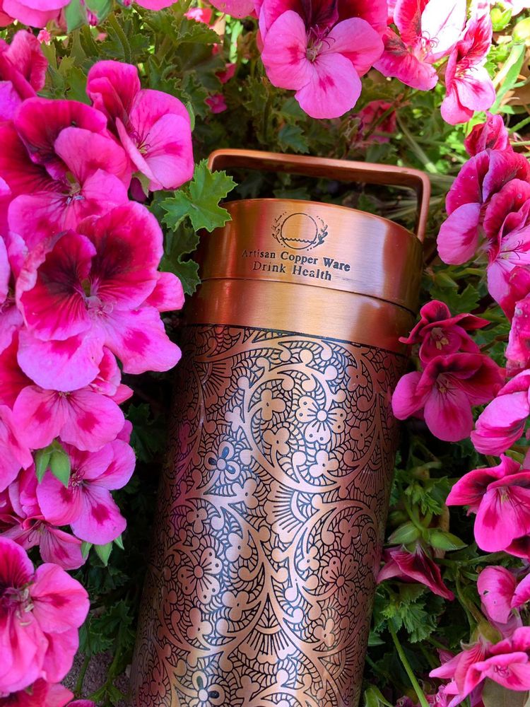 Copper Water Bottle Floral etched Antique finish 27 Fluid Oz